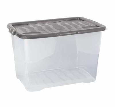 6 x 42 liter stapelbare opbergdoos van kunststof met deksel en opsteekbare deksels, 6 stuks, multi-opbergdoos voor thuis en op kantoor, transparante doos, grijs deksel