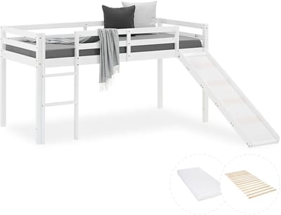 Homestyle4u Hoogslaper - 90x200 cm - Wit - met lattenbodem en matras - Verschuifbaar