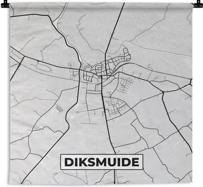 Wandkleed - Wanddoek - Kaart – Plattegrond – Stadskaart – Diksmuide – België – Zwart Wit - 180x180 cm - Wandtapijt