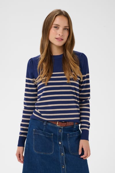 Saint Tropez MilaSZ LS Striped Pullover Dames Trui - Navy Peony Greige Stripe