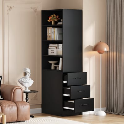 smalle kast badkamer 180 cm Hoog - Hoge Kast met 3 Zijladen en Verstelbare Planken - opbergkast, Keukenkast en stellingkast- 60x38 cm - Zwart