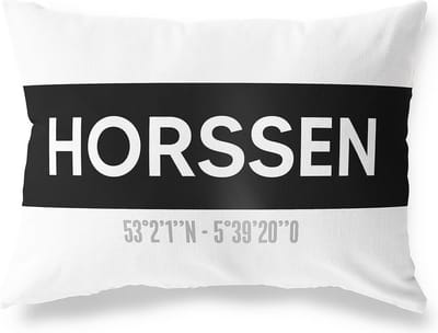 Tuinkussen HORSSEN - GELDERLAND met coördinaten - Buitenkussen - Bootkussen - Weerbestendig - Jouw Plaats - Studio216 - Modern - Zwart-Wit - 50x30cm