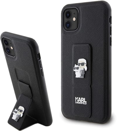 Karl Lagerfeld Gripstand Saffiano Serie - Roestvrijstalen Telefoonhoesje - iPhone 11 - Zwart - Gripstand