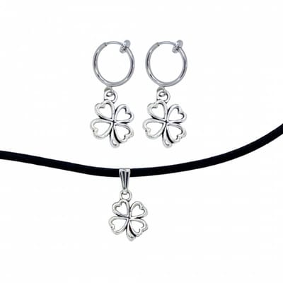 2-Delig -Klavertjevier -klem oorbellen - ketting -zilverkleur - Charme Bijoux
