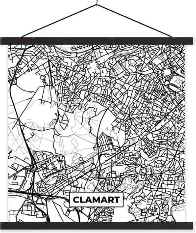 Posterhanger incl. Poster 60x60 cm - Schoolplaat - Kaart - Plattegrond - Frankrijk - Clamart - Stadskaart - Zwart wit - Textielposter - Zwarte latten - Stadskaart