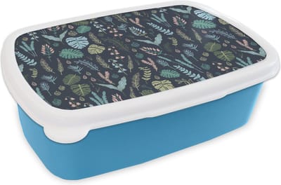 Broodtrommel Blauw - Lunchbox - Brooddoos - Patroon - Jungle - Monstera - Bloemen - 18x12x6 cm - Kinderen - Jongen