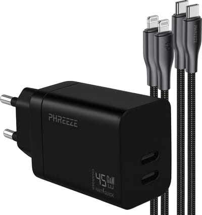 Phreeze snellader geschikt voor iPhone 14 13 12 11 X 8 7 SE iPad 5 6 7 8 9 Air Pro Max Plus - 45w dual usb C adapter - Geschikt voor Lightning naar usb C kabels inbegrepen 1m