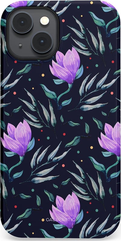 Casetastic hoesje geschikt voor Apple iPhone 14 Plus - MagSafe - Dubbellaagse bescherming - Mystieke bloemenzee - Fashion Case - Donkerblauw Donkergrijs Grijs Lavendel