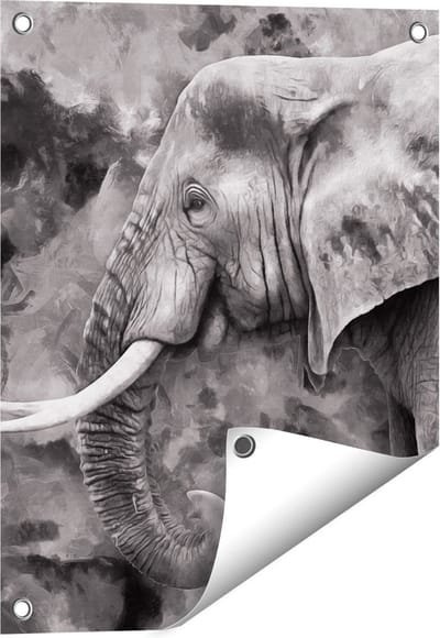 Gards Tuinposter Olifant - Abstract - Zwart Wit - 40x50 cm - Tuindoek - Tuindecoratie - Wanddecoratie buiten - Tuinschilderij