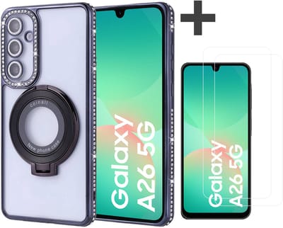 Hoesje met Ringhouder Geschikt voor Samsung Galaxy A26 met Diamant Glitters en 2 Stuks Gehard Glas Screenprotector – Arara Backcover - Zwart