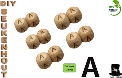 Bob Online ™ - Setje van 10 Stuks - ‘A’ Vierkant Beukenhout Kralen 12mm met ca. 3.5mm Gaatje – Houten Letter Kubus Kralen – DIY Houten Alfabet Kralen Laser Gegraveerd – 12mm Beech Wood ‘A’ Lazer Engraved Letter Beads – Doe-het-zelf Houten Kralen