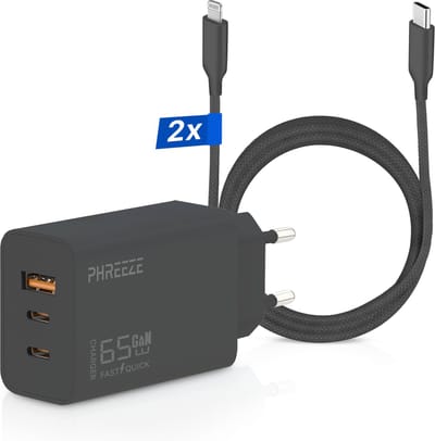 65w oplaadstekker 3 poorten geschikt voor Apple iPhone / iPad / AirPods + Lightning naar USB-C kabel - 3 meter