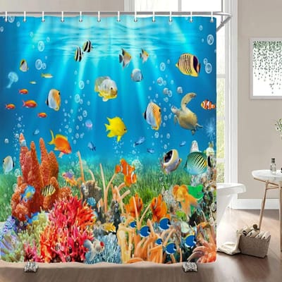 Onderwaterwereld Vis Schildpad 3d Douchegordijnen Oceaan Dolfijn Zeegezicht Stof Waterdicht Badgordijn Badkamer Decor Scherm W90XH180cm