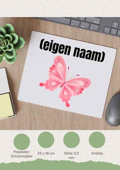 Akyol - roze vlinder met eigen naam Muismat - Vlinder - dieren liefhebber - iemand die houdt van vlinders - verjaardag - cadeau - kado - geschenk - 23 bij 19 cm