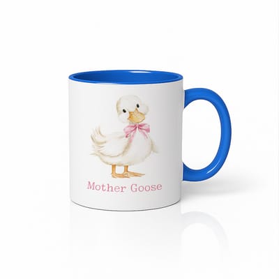 Mother Goose Koffiemok - Tweekleurig Blauw & Wit - Schattige Aquarel Eendje Illustratie