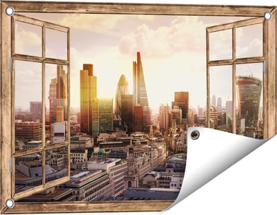 Gards Tuinposter Doorkijk Londen bij Zonsondergang in een Moderne Wijk - 60x40 cm - Tuindoek - Tuindecoratie - Wanddecoratie buiten - Tuinschilderij