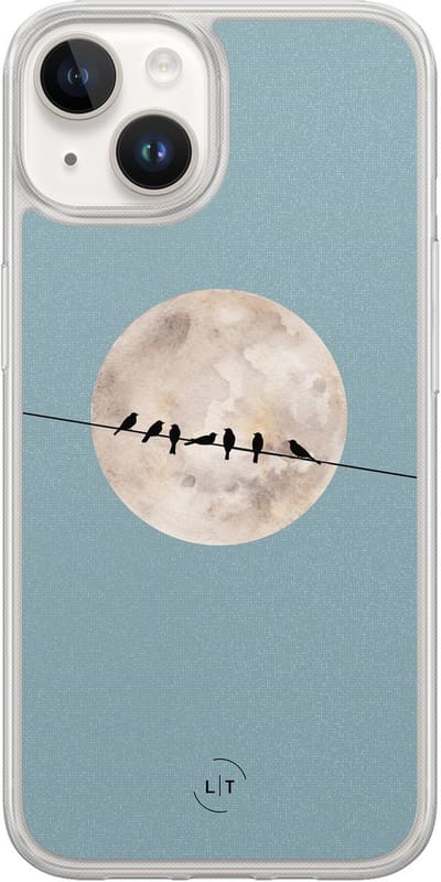 Hoesje geschikt voor iPhone 14 - Moon birds - 2in1 backcover - Print / Illustratie - Blauw - Leuke Telefoonhoesjes