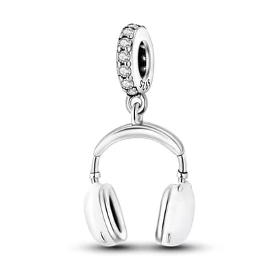 Fler® | Bedel | Past op populaire bedel armbanden (standaard-3mm) | armbandbedel | Headset - Koptelefoon Bedel | Hangbedel Charm | 925 sterling zilver | Transparante zirkonia | Witte emaille | Vriendschap, Verjaardagsgeschenk, Cadeau | Valentijn kado