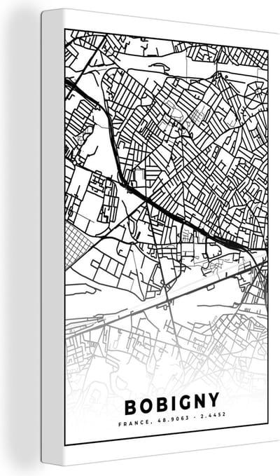 Canvas Schilderij Stadskaart - Bobigny - Frankrijk - Kaart - Plattegrond - Zwart wit - 20x30 cm - Wanddecoratie