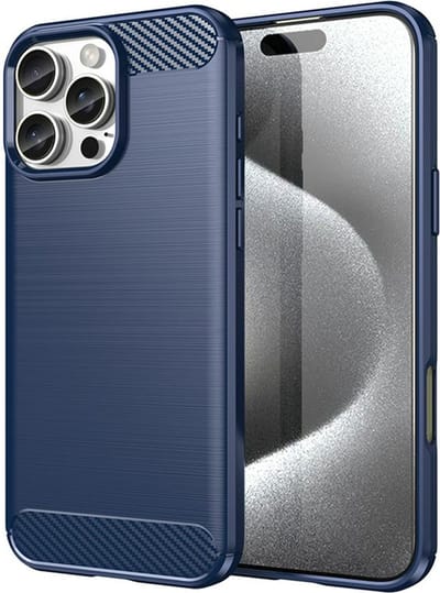 MobyDefend Hoesje - Geschikt voor iPhone 16 Pro Max - TPU Backcover - Geborstelde Metaal & Carbon-Look - Blauw