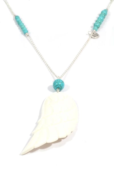 Heaven Eleven dames Ketting zilverkleurige plating - turkoois kralen - wit hertegewei vleugel
