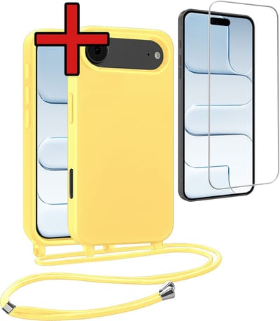 Hoesje Geschikt voor iPhone Air Hoesje Siliconen Case Met Koord Met Screenprotector - Hoes Geschikt voor iPhone Air Hoesje Backcover Met Telefoonkoord - Geel