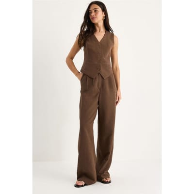 V-hals Vest en Wijde Pantalon Twee-delige Coord Set