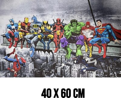 Allernieuwste.nl® Canvas Schilderij Superhelden Lunch Skyscraper – 40 x 60 cm - Humor -Wanddecoratie – Muurdecoratie