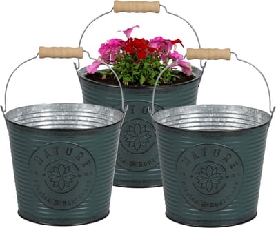 Sunnydays Emmer/plantenpot/bloempot - 3x - zink - petrolblauw - D23 x H22 cm