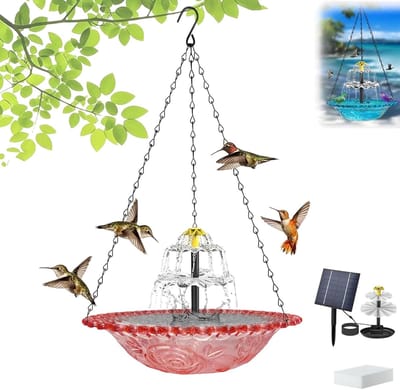 Hangend Vogelbadje met Solar Fontein - Vogeldrinkbak op Zonne-energie - Inclusief Ophangketting - Tuindecoratie voor Vogels - Wildlife Vogeldrinkschaal voor Tuinvogels - Vogelbad voor Buiten-roze
