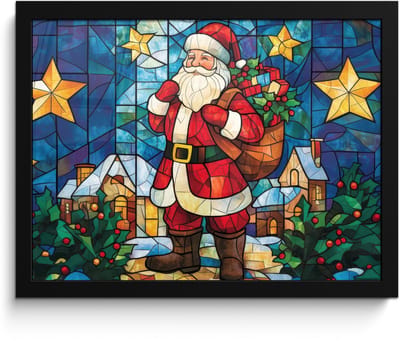 Poster in lijst - Fotolijst 40x30 cm - Posters - Kerstman - Glas - Kleurrijk - Posterlijst zwart - Decoratie - Wanddecoratie woonkamer - Muurdecoratie slaapkamer - Kerstversiering - Kerstdecoratie voor binnen - Kerstmis