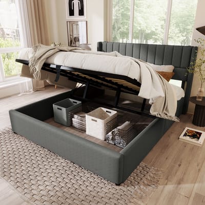 VVBV Gestoffeerd Opbergbed 180x200 cm - Hydraulische Opbergruimte, Opbergruimte, Lattenbodem - Linnen Grijs Zonder Matras