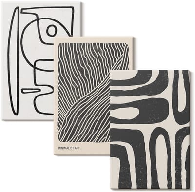 Wallfluent Set van canvas schilderijen - Abstracte patronen met lijnen en texturen op een lichte achtergrond Canvas Schilderijen Set - set 3 stuks 20x30 cm - Zwart en wit Set van Canvas Prints - Abstractie Canvas Kunst Set - Boheemse Canvas Kunst Set