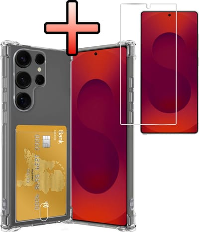 Hoesje - Geschikt voor Samsung Galaxy S25 Ultra - Met Screenprotector - En Pashouder - En Kaarthouder - Telefoon Hoes Shockproof - Siliconen Case - Back Cover - Shock Proof - Pasjes Houder - Transparant