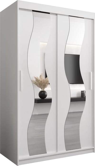InspireMe - Kledingkast met 2 schuifdeuren, Modern-stijl, Een kledingkast met planken en een spiegel (BxHxD): 120x200x62 - REESE 120 Wit Mat
