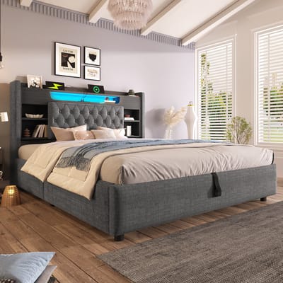 MODFU Gestoffeerd Bedframe - Opbergruimte En LED-Verlichting - Retro - Slaapkamer - Linnen - Grijs - 180 x 200 cm