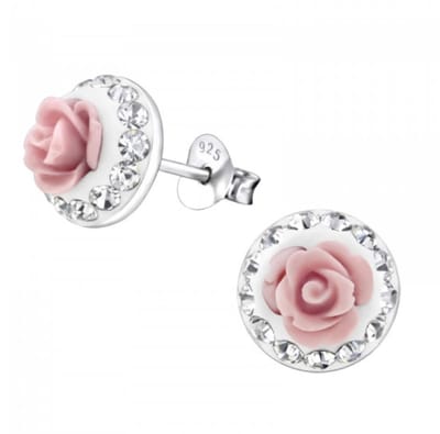 La Rosa Princesa Bloem oorknopjes Echt Zilver Roze en Steentjes