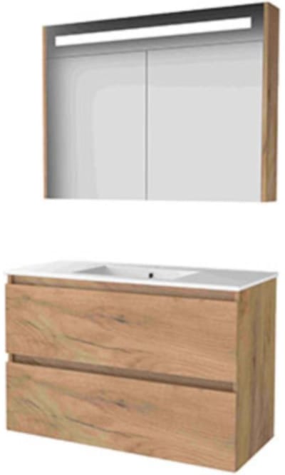 Basic-Line Premium 46 Badkamermeubelset - 100 x 46 cm - Greeploos - 2 Lades - Keramische Wastafel - 1 Kraangat - Spiegelkast met LED Verlichting - Whisky Oak