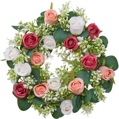 14-Inch Kunstmatige Rozenkrans, Faux Bloemstuk voor Valentijnsdag, Moederdag, Bruiloften, Feesten en Thuisdecoratie, Set Van 10, Roze en Wit
