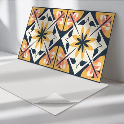 Wallfluent Vinyl Tegels - Bloemenpatroon in Een Ruit Zelfklevende Vinyl Tegels - 40 cm x 20 cm - Geel Vinyl Tegels - Set van 10 - Rechthoek PVC Tegels - Patroon Plaktegels - Vinyl Wandtegels - Plaktegels Keuken en Badkamer