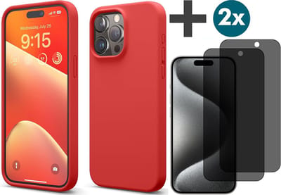 Hoesje met Privacy Screenprotectors 2 Stuks Geschikt voor iPhone 15 Pro Max Hoesje Siliconen - liquid case - Arara Backcover - Rood