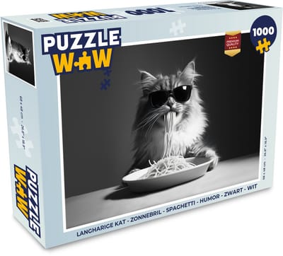 Puzzel Langharige kat - Zonnebril - Spaghetti - Humor - Zwart - wit - Legpuzzel - Puzzel 1000 stukjes volwassenen