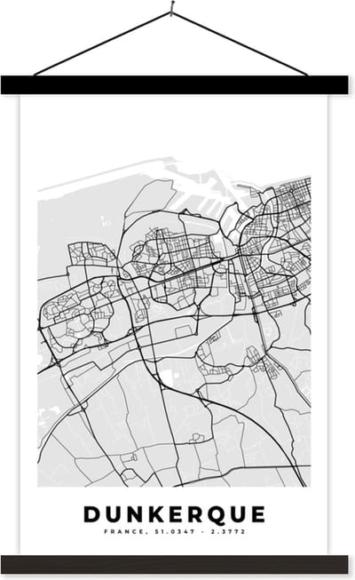 Posterhanger incl. Poster 40x60 cm - Schoolplaat - Kaart - Stadskaart - Dunkerque - Plattegrond - Frankrijk - Textielposter - Zwarte latten - Stadskaart