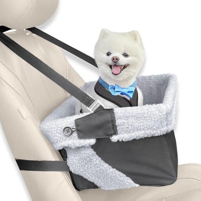 Compacte hondenliftstoel met veiligheidsbevestiging en inklapbare schotel - geschikt voor kleine honden, puppy's en huisdieren tot 18 lbs. Verstelbare gordelriem en luxe fleece comfort voor een veilige en comfortabele reiservaring.