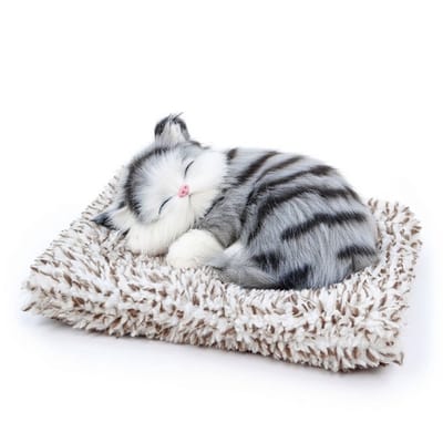 Oneay Schattige pluche kat met bamboehoutskool luchtreiniging – Auto en bureau decoratie – Zwart gestreept slapend kattenkussen