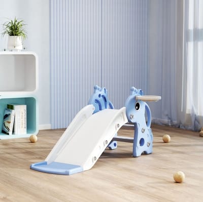 MEUNIQ kinderglijbaan 3-in-1 giraffe 106 x 51,5 x 52 cm met klimstructuur, basketbalring en bal, binnenspeelgoed voor kinderkamer of speelkamer, blauw