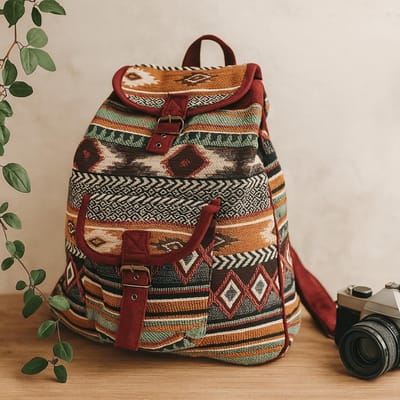 Jacquard Teal Mini Rugzak uit India – Bruin - 8 Liter – 27 x 10 x 28 cm
