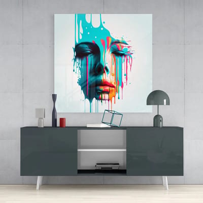 Glasschilderij Vierkant - Kleurrijk - Gezicht - Kunst - Woonkamer - Slaa-kamer - Wanddecoratie - Wall Art - 40x40 cm
