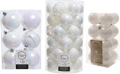 59x stuks kunststof kerstballen parelmoer wit 4, 6 en 8 cm glans/mat/glitter mix - Kerstversiering