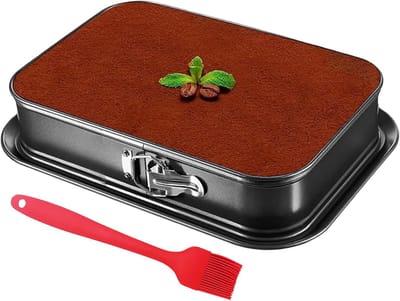 Rectangulaire Springvorm van Carbonstaal 29 x 19 cm met Verwijderbare Bodem en Siliconen Kwast, Ideaal voor Taarten, Cheesecakes en Tiramisu